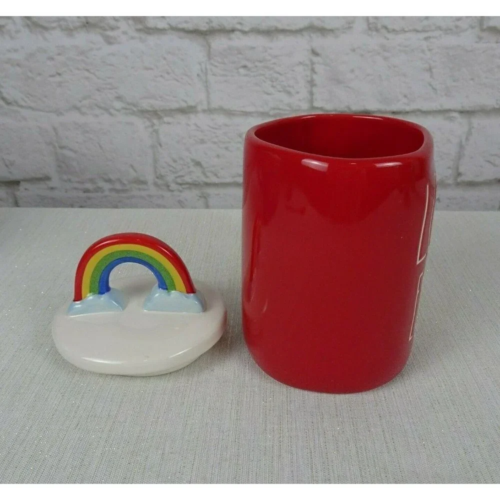 New RAE DUNN Rainbow 🌈 Figural Mug Love Is Equal Red With Lid Pride Home Decor